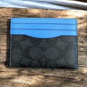Coach Black Textured Leather Card Holder with Blue Accents